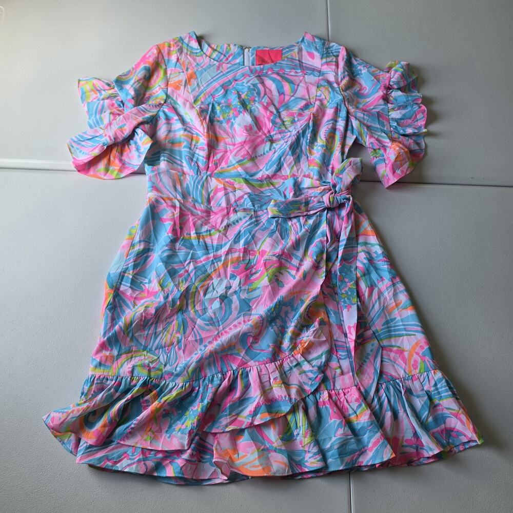 Lilly Pulitzer Dress Womens 12 Multicolor Floral Wrap Ruffle Short Fit & Flare